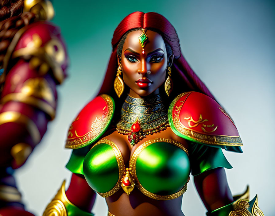 Warrior woman in golden armor with red and green accents