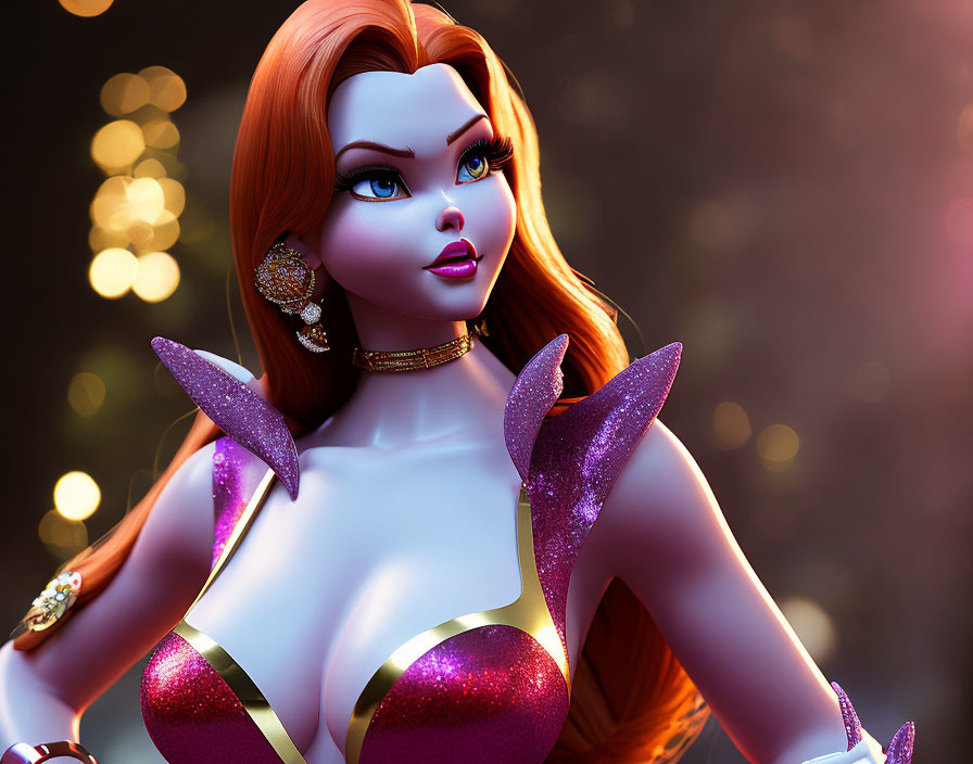 Glamorous Female Character with Red Hair and Sparkling Purple Dress