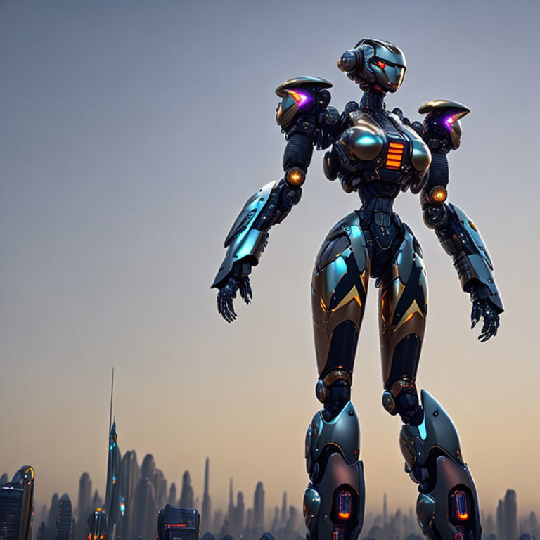 Futuristic blue and black robot against cityscape at dusk