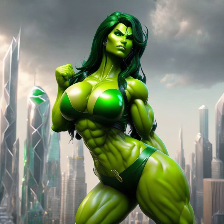 Green-Skinned Female Character Posing in Cityscape