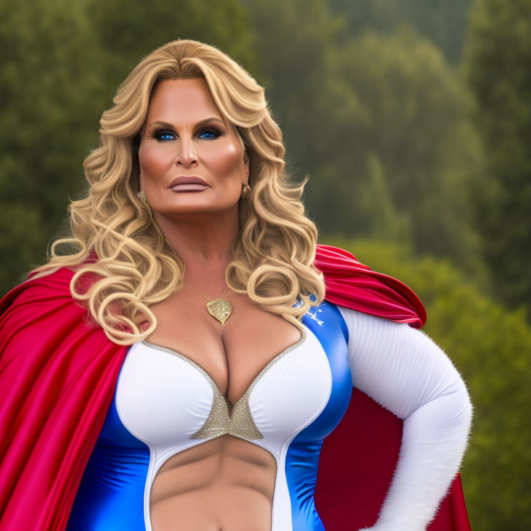 Blonde superhero with red cape and patriotic costume