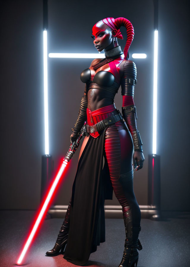 Futuristic warrior in red and black armor with lightsaber in dimly-lit corridor