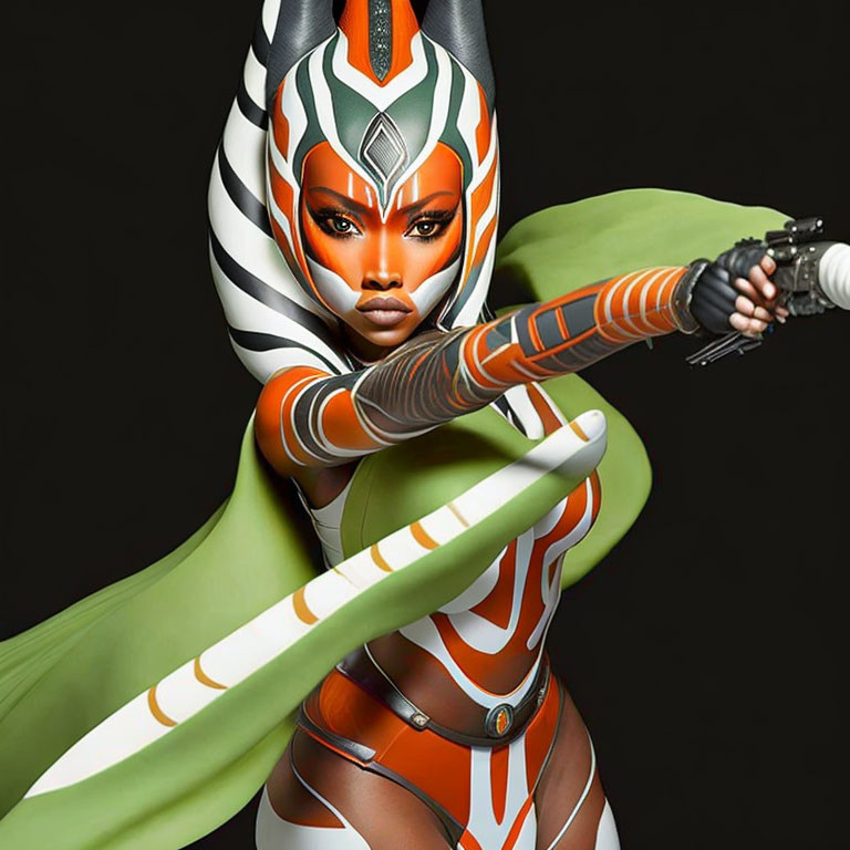 Detailed image of female character with orange and white facial markings wielding lightsaber