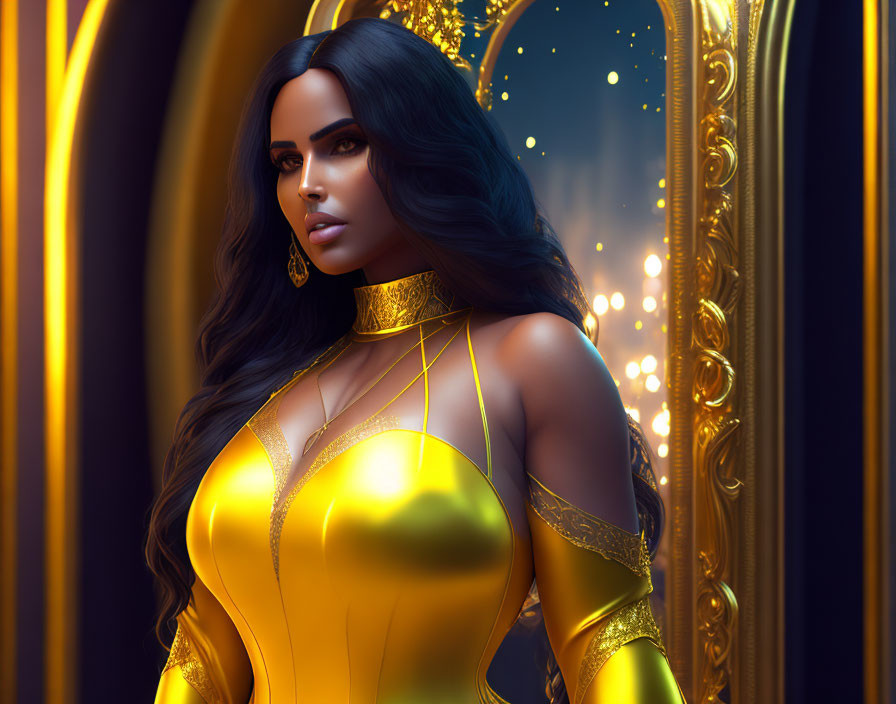 3D-rendered image of woman in yellow dress with dark hair