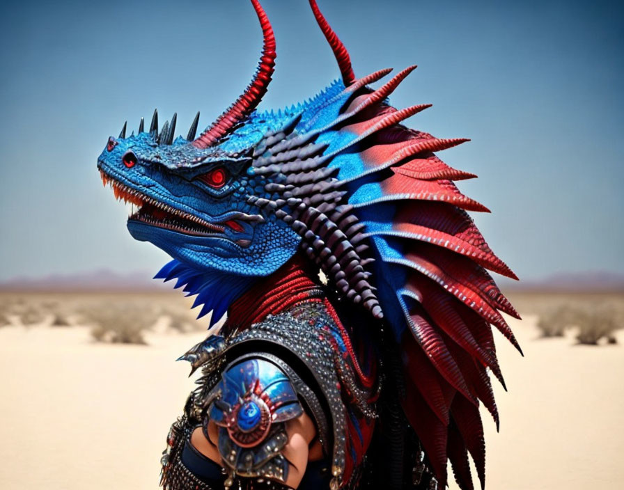 Vibrant Dragon Head with Red and Blue Scales in Desert Scene