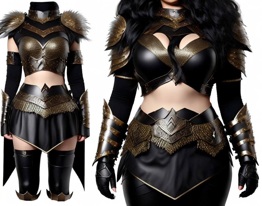 Woman in Black & Gold Fantasy Armor Costume with Metallic Embellishments