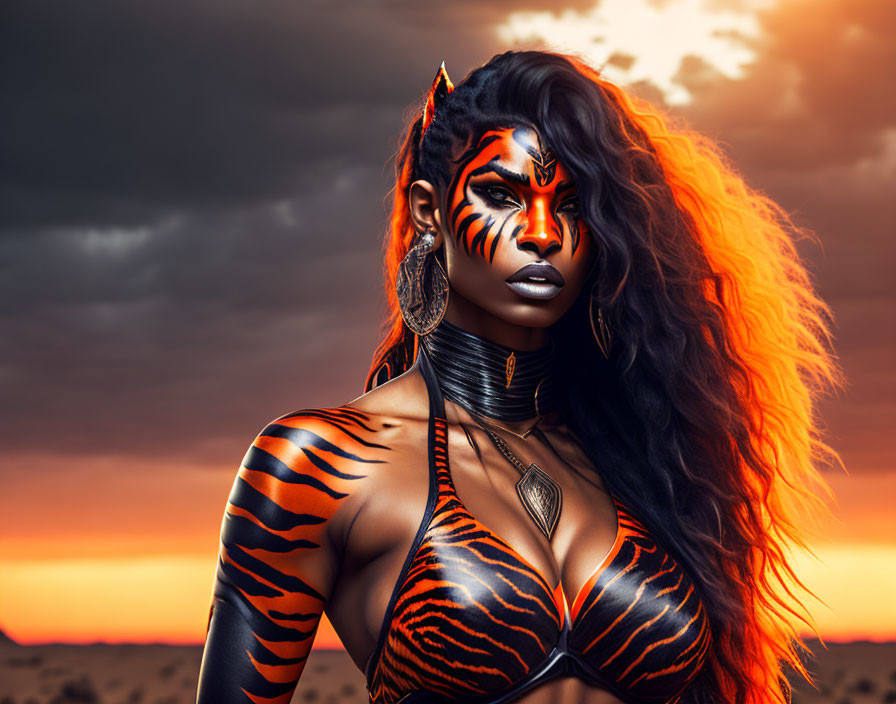 Woman with Tiger-Inspired Makeup Poses in Desert Sunset