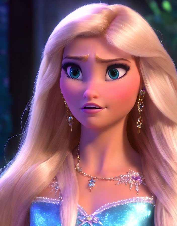 Blonde animated character in blue dress with concerned look