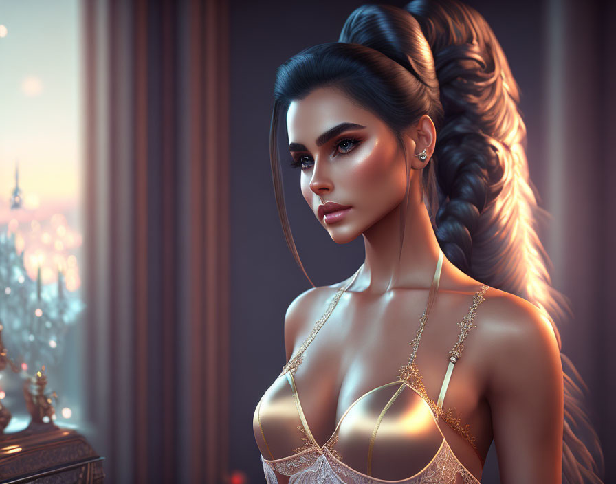 Digital artwork: Woman with sleek ponytail in golden-strapped dress, gazing intently.