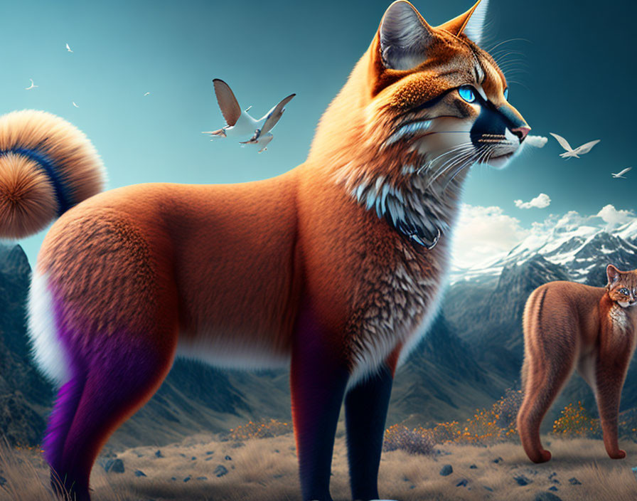 Fantastical oversized fox in mountain landscape with flying birds