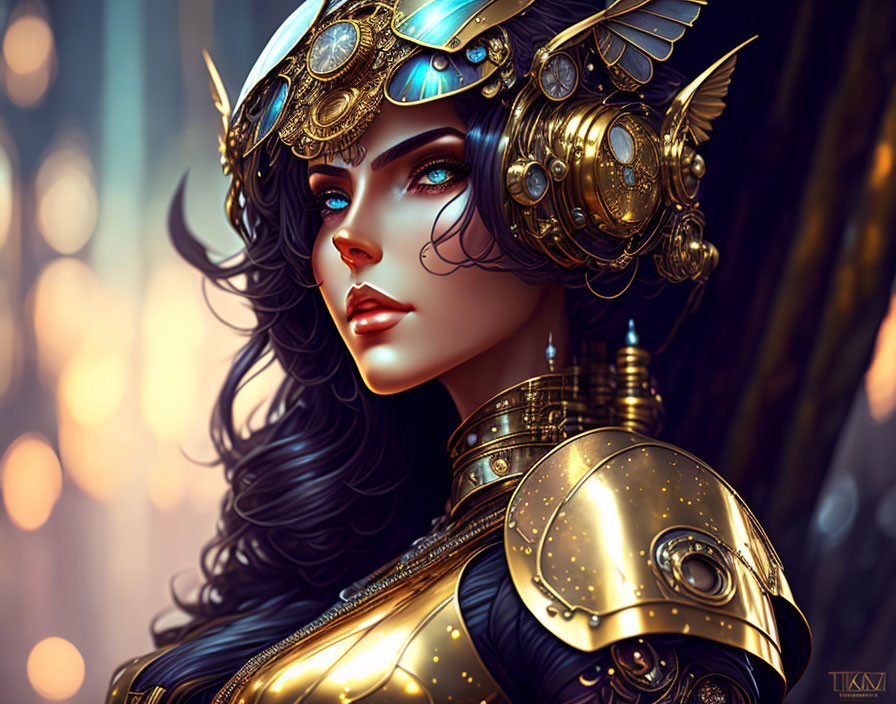 Detailed digital artwork of woman in golden armor and headdress, with blue eyes and black hair.