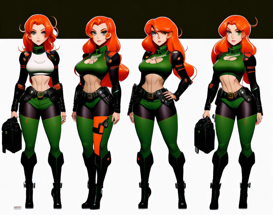 Female animated character: Four red hair poses in green & black bodysuit