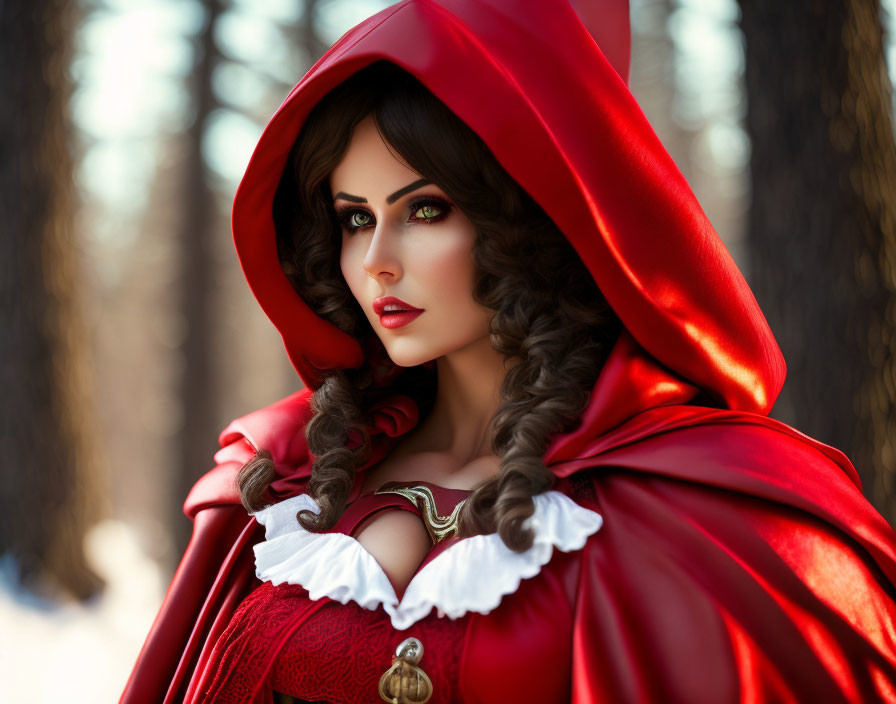 Woman in Red Riding Hood costume in snowy forest with vibrant red cape.