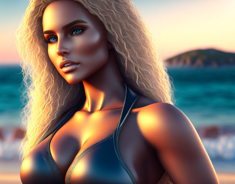 Digital Artwork: Woman with Long Wavy Hair & Blue Eyes on Beach at Sunset