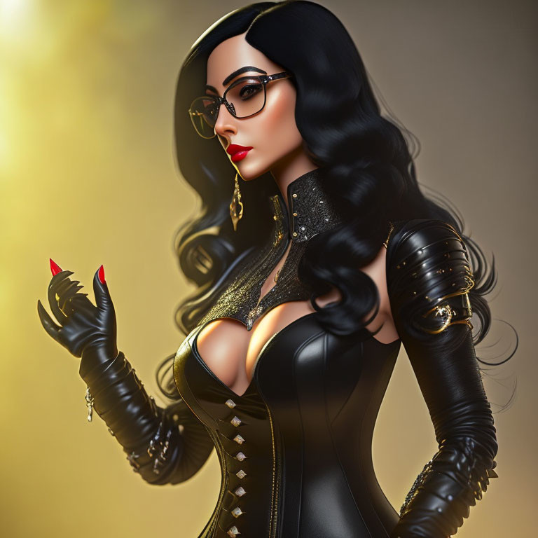 Woman with Long Black Hair in Glasses, Corset, Gloves on Golden Background