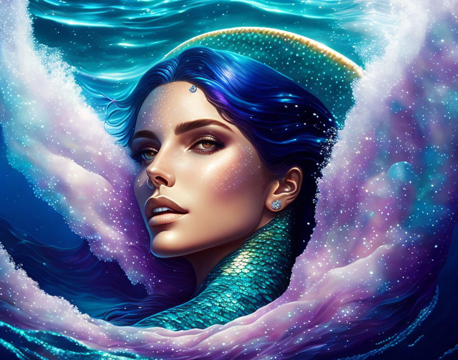 Blue-haired woman with mermaid features in cosmic water scene