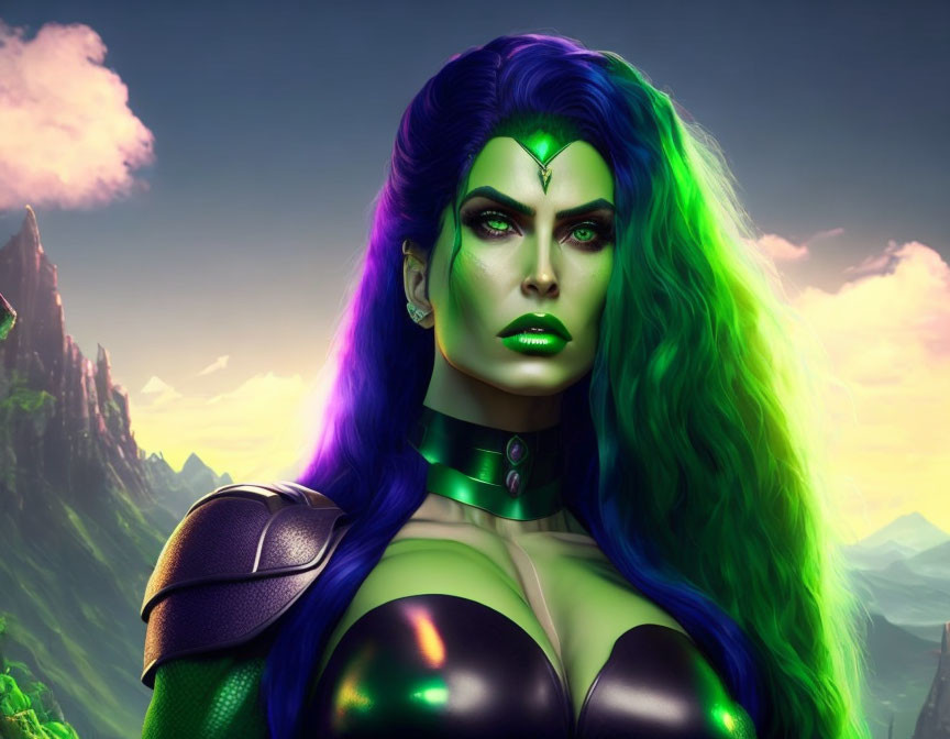 Vibrant digital artwork: Woman with green skin, futuristic armor, and fantasy mountain backdrop