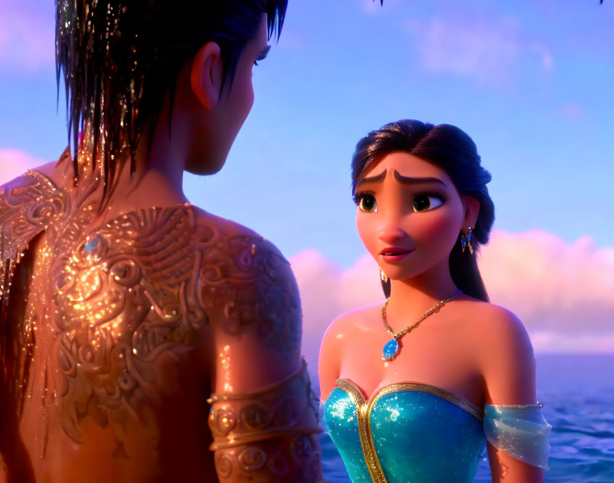 Animated characters with tattoos and jewelry in sunset scene