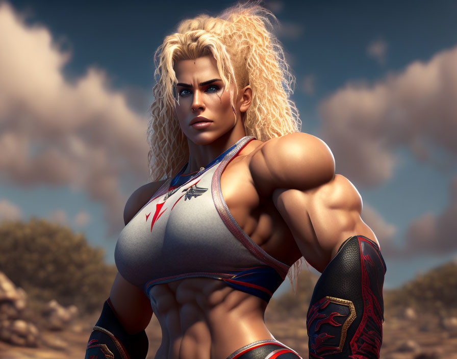 Muscular woman in athletic wear against blue sky with clouds