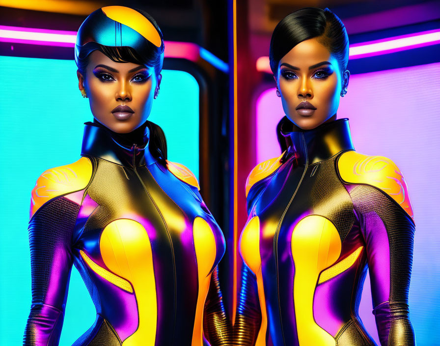 Futuristic digital art: Identical women in futuristic outfits and headgear against neon-lit backdrop