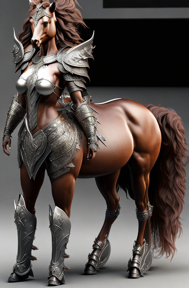 Half-human, half-horse centaur in silver armor with plumed helmet.