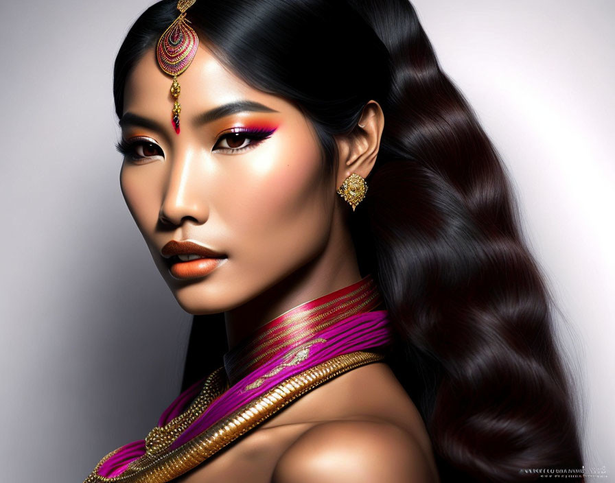 Striking makeup and traditional South Asian jewelry on elegantly posed woman