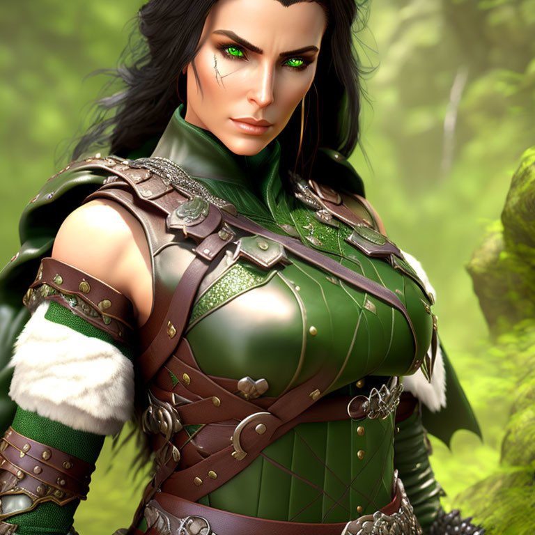 Digital Artwork: Female Fantasy Warrior in Green and Brown Armor