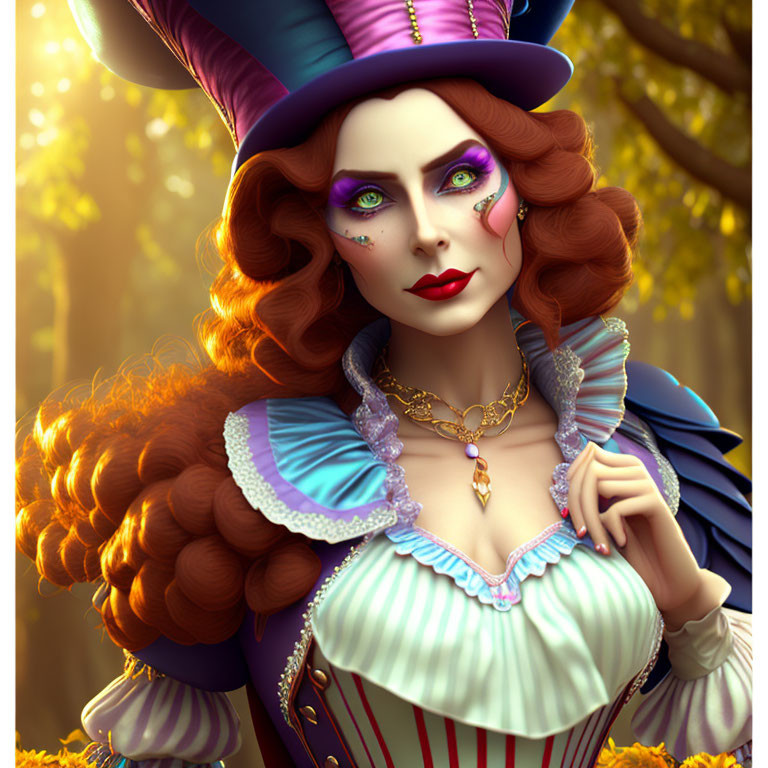 Woman with vibrant makeup and large hat in Mad Hatter style in autumn forest.