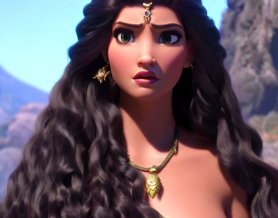 Animated female character with long dark hair and tiara against mountainous backdrop