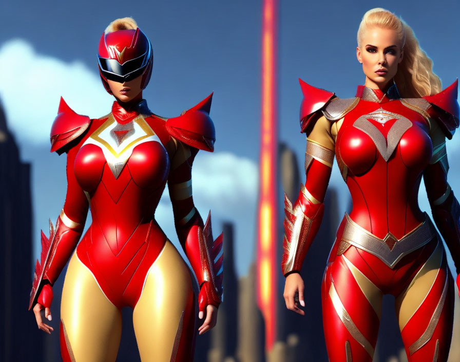 Two female superheroes in red and gold armor suits against cityscape.