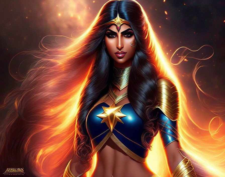 Stylized female superhero with fiery hair and golden armguards in digital artwork