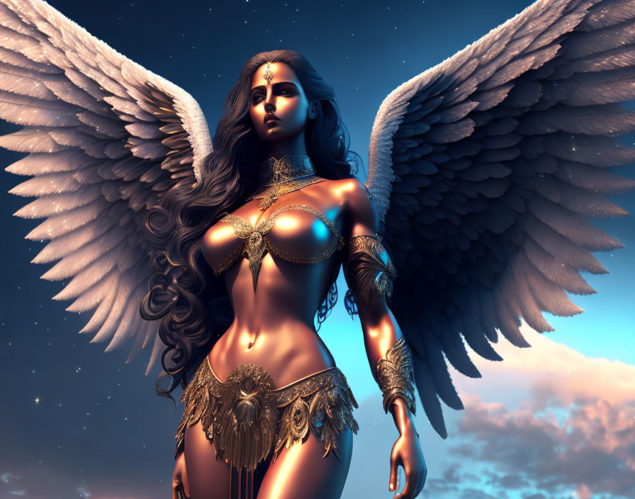 Mystical female figure with large wings and golden armor in twilight ambiance