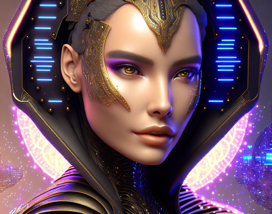 Futuristic digital art of female character in golden armor