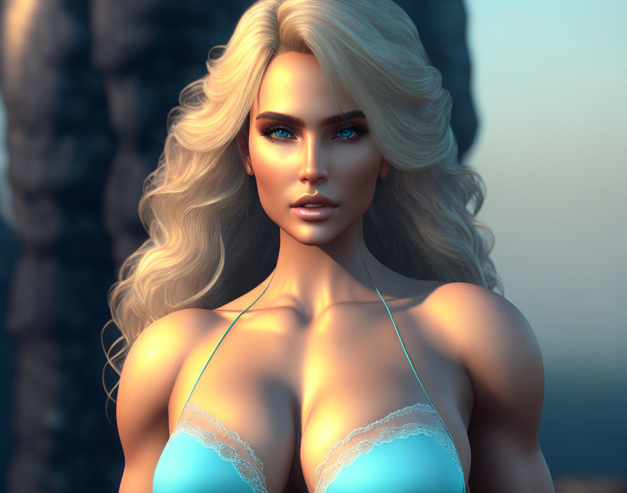 Blonde woman in blue lingerie with voluminous hair