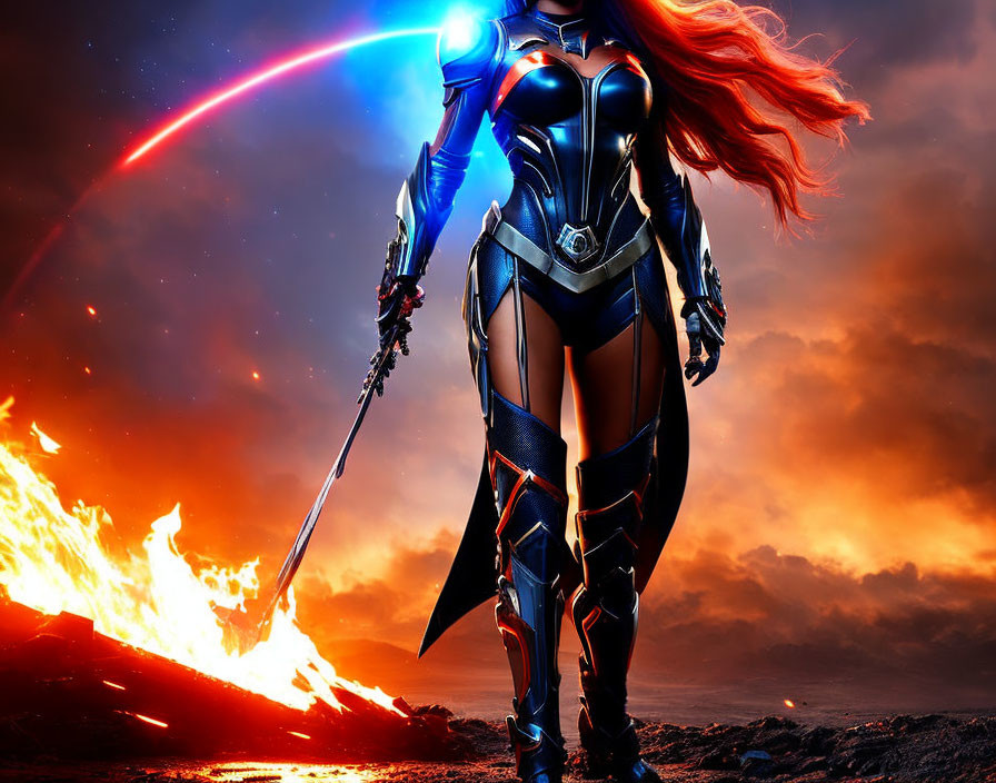 Female Warrior in Futuristic Armor with Glowing Sword on Fiery Battlefield