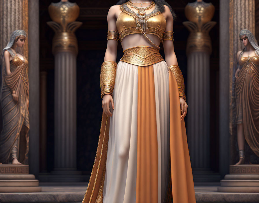 3D rendered image of woman in ancient Egyptian attire in temple