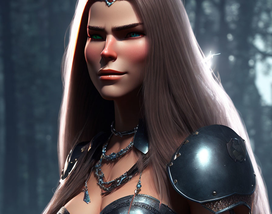 Female warrior in armor with flowing hair in forest setting