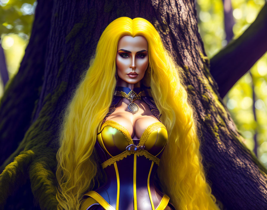 Blonde fantasy character in ornate armor in sunlit forest