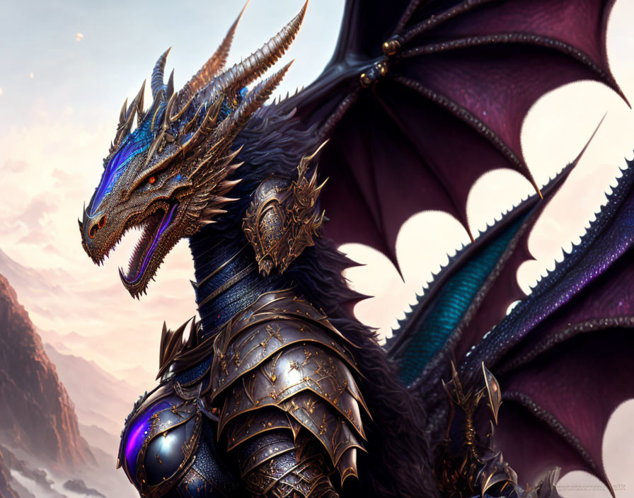 Armored dragon with blue scales and golden horns in mountainous setting