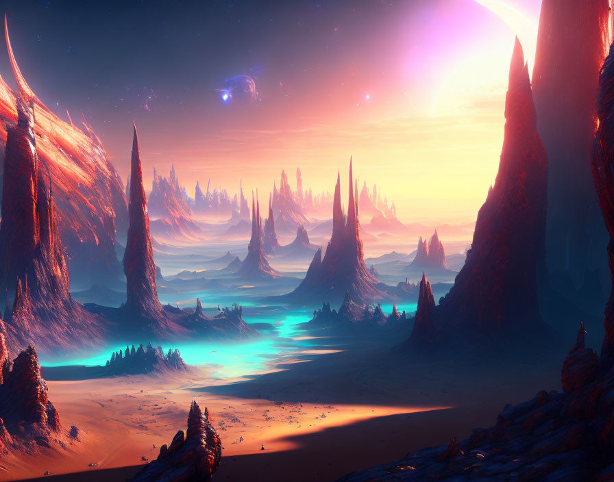 Alien landscape with towering rock formations and luminous sky.