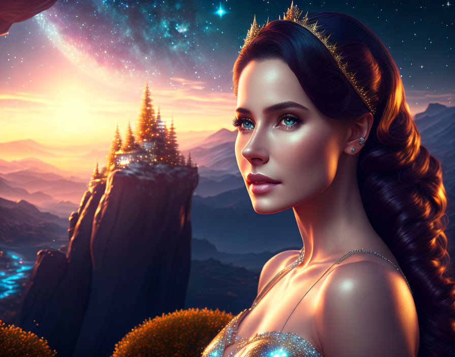 Fantasy portrait of woman with elaborate hairstyle and crown in surreal mountain landscape