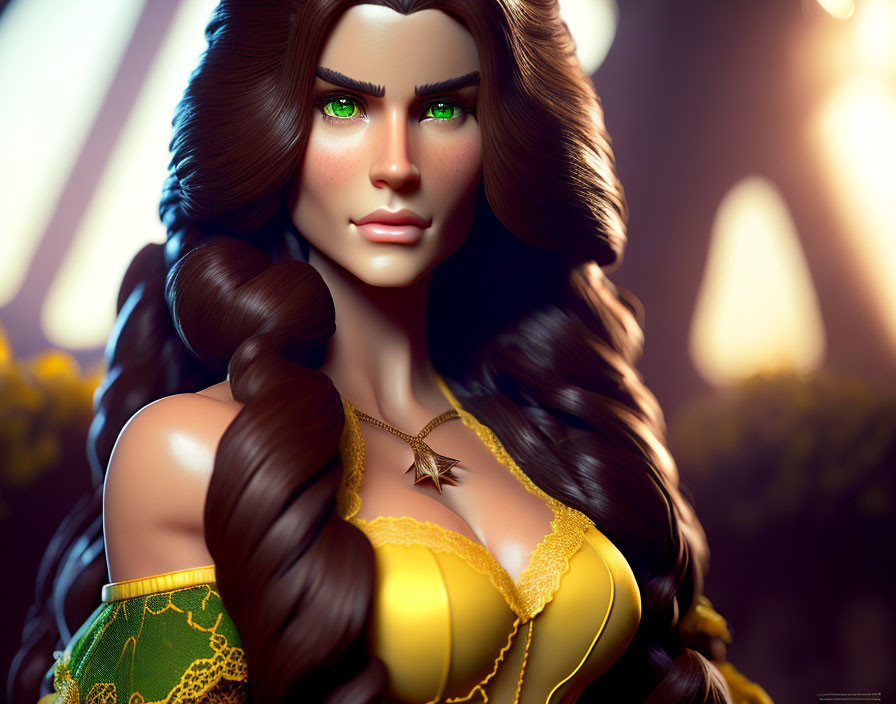 3D-rendered female character with long brown hair and green eyes in yellow and green outfit