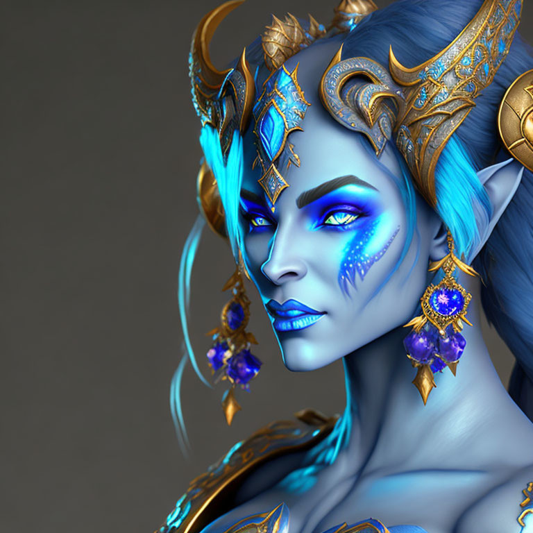 Blue-skinned female character with ornate gold headgear and facial markings