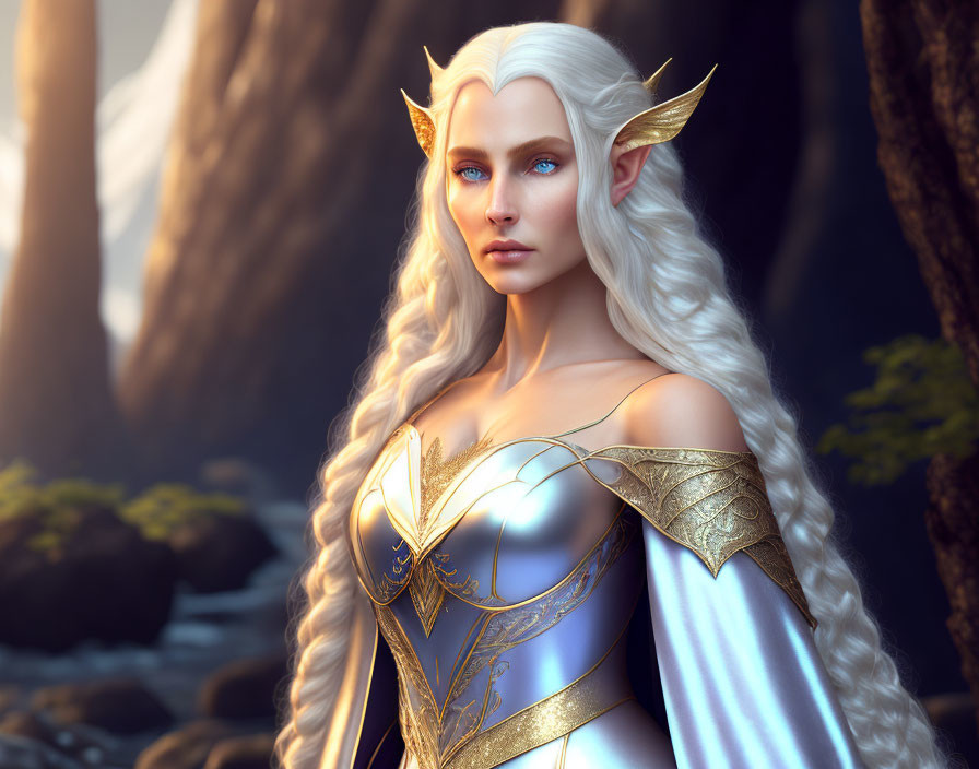 Fantasy elf with white hair and golden armor in sunlit forest