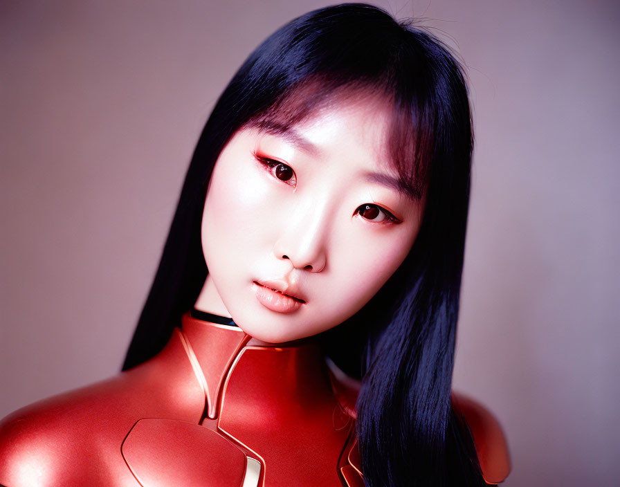 Portrait of individual with long black hair, fair skin, dark eyes, in glossy red outfit on soft