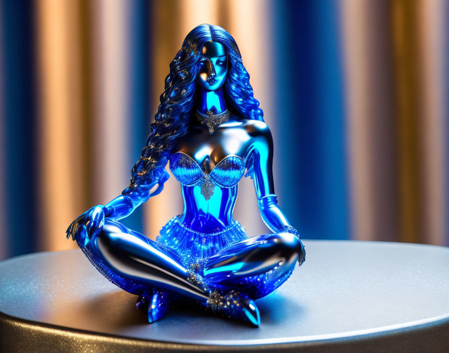 Metallic Blue Meditative Woman Figurine with Curtain Backdrop