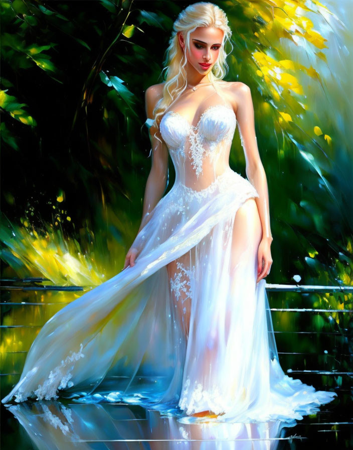 Blonde woman in white gown standing in sunlit forest clearing