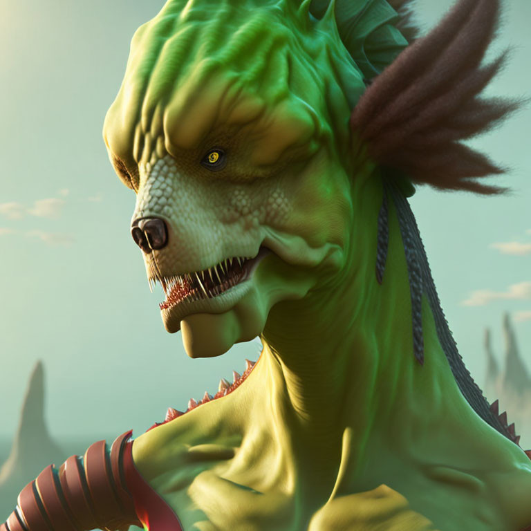 Detailed 3D illustration of a green, reptilian creature with sharp teeth and yellow eyes