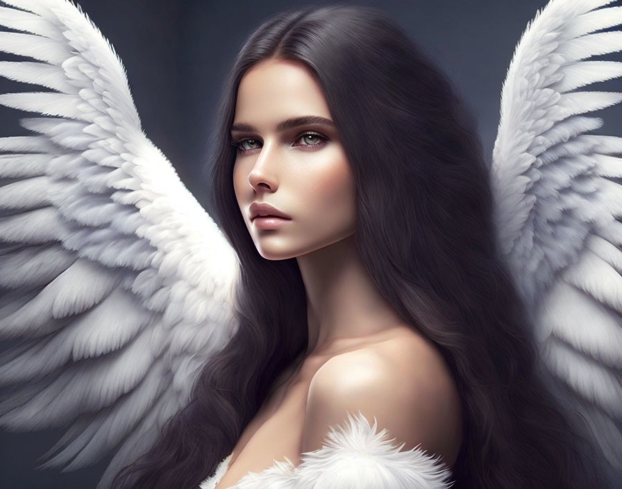 Digital painting of woman with white angelic wings and flowing hair.