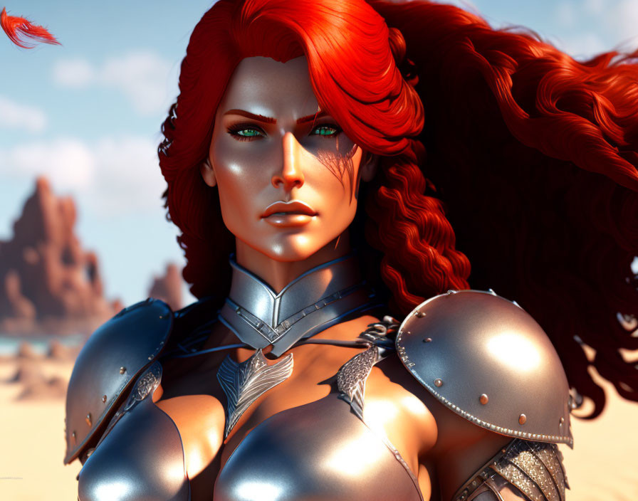 Red-Haired Female Warrior in Silver Armor 3D Rendering in Desert